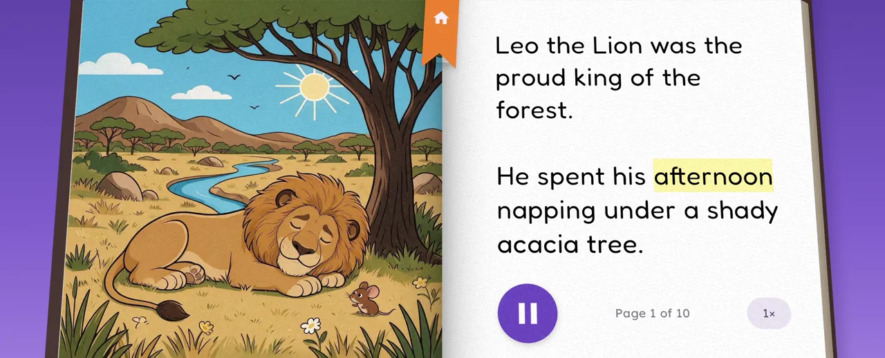 Demo: opening The Lion and the Mouse; the narrator reads and each word lights up