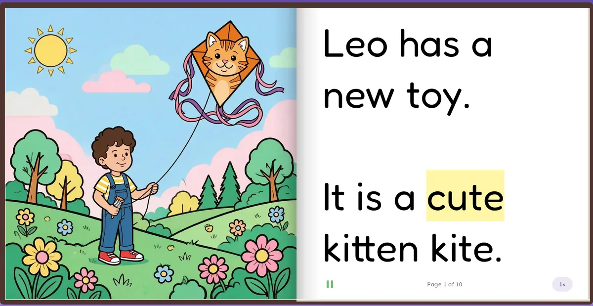 A book page during narration, one word highlighted