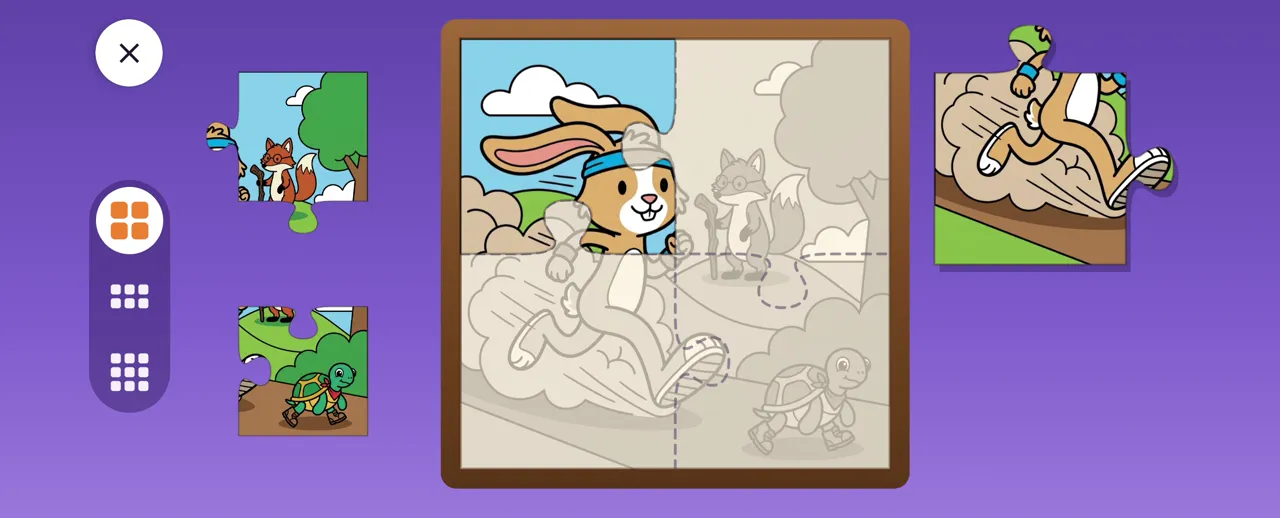 A child’s jigsaw puzzle of the rabbit and turtle race being completed, then colored in
