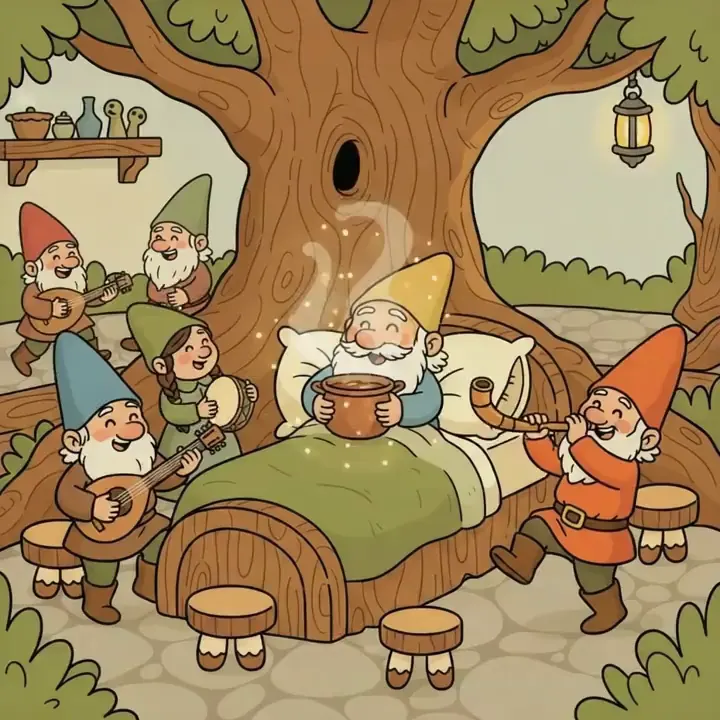 An animated illustration from a book: gnomes playing music by a bed