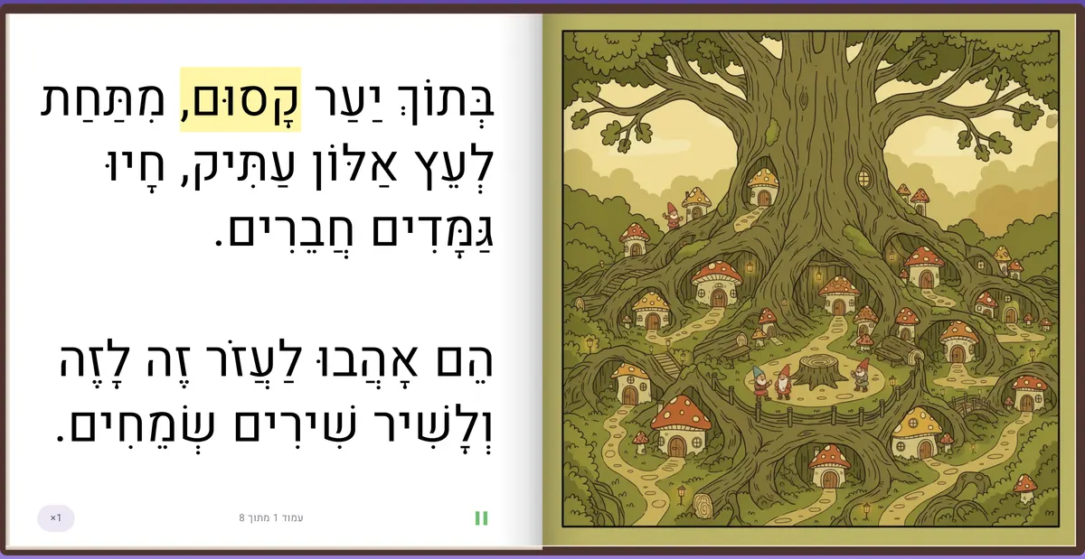 עמוד בספר בזמן הקראה, מילה מודגשת